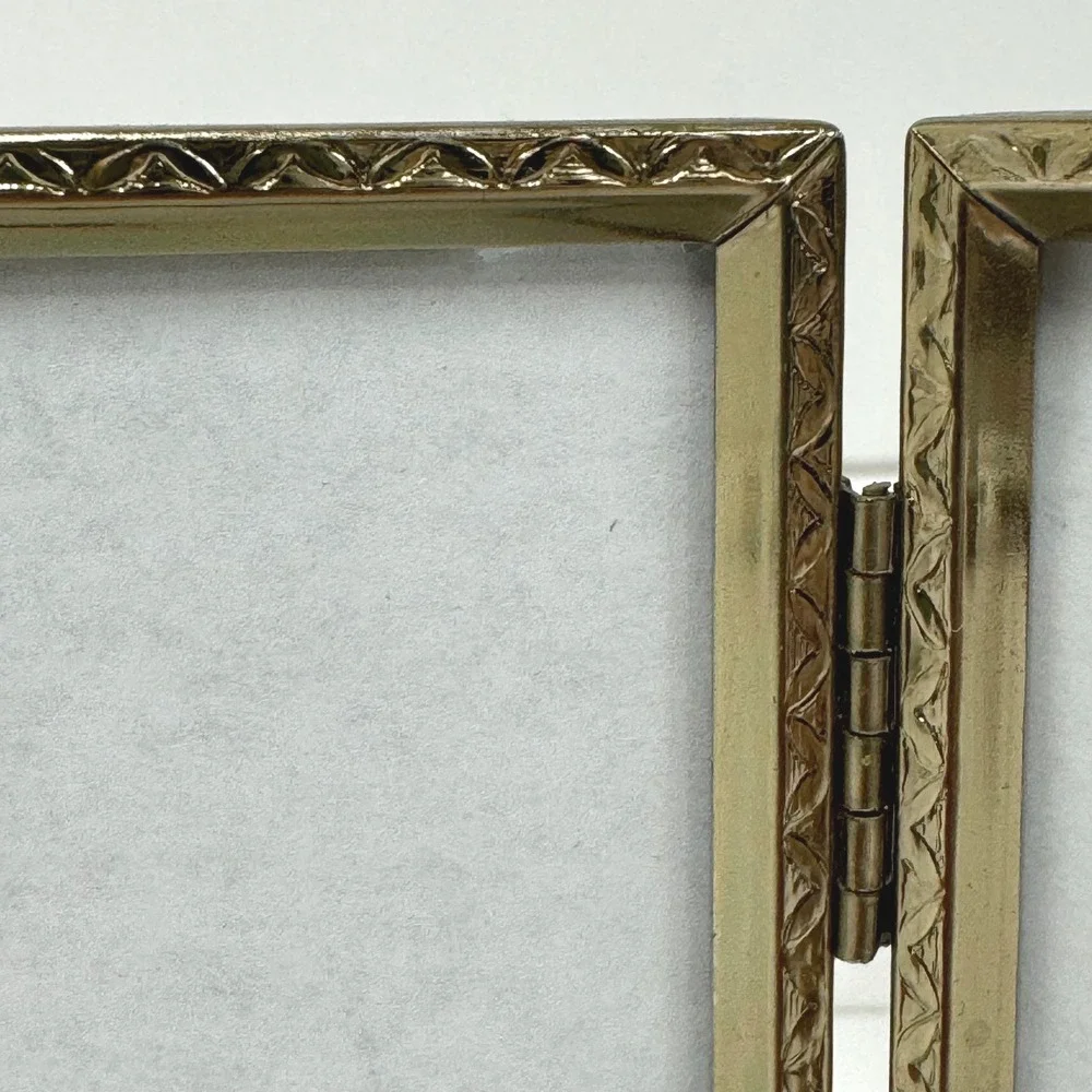 Vintage Ornate Brass Double Folding Picture Frame Embossed Floral Hinged 3.5 x 5